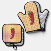Hete Pepper Diva Tekening Custom Plaid Ovenwant & Pannenlap Set (Voorkant / Achterkant)