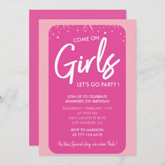 Hete roze 5e verjaardag uitnodigingen Trendy Girly (Voorkant / Achterkant)