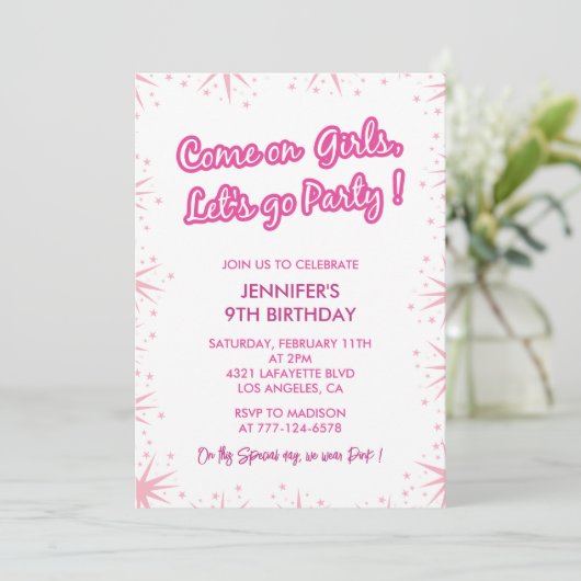Hete roze 9e verjaardag uitnodigingen Sparkle mode (Staand voorkant)