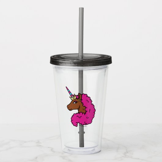 Hete Roze Afro Eenhoorn Acryl Drinkbeker (Voorkant)