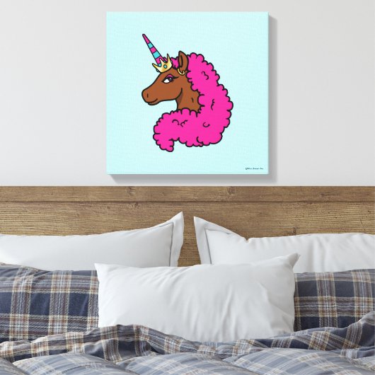 Hete Roze Afro Eenhoorn Canvas Afdruk (Insitu (Slaapkamer))