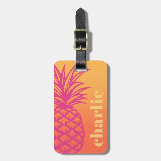 Hete roze ananas oranje gele gradiënt retro bagagelabel (Voorkant verticaal)
