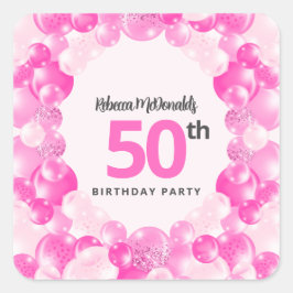 Hete Roze Ballonnen Faux Glitter 50ste Verjaardags Vierkante Sticker