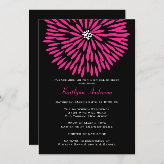 Hete Roze Bloem op de Zwarte Uitnodiging van het (Voorkant / Achterkant)