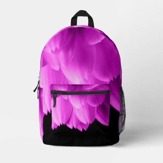 Hete roze bloemblaadjes op zwart bedrukte rugzak (Voorkant)