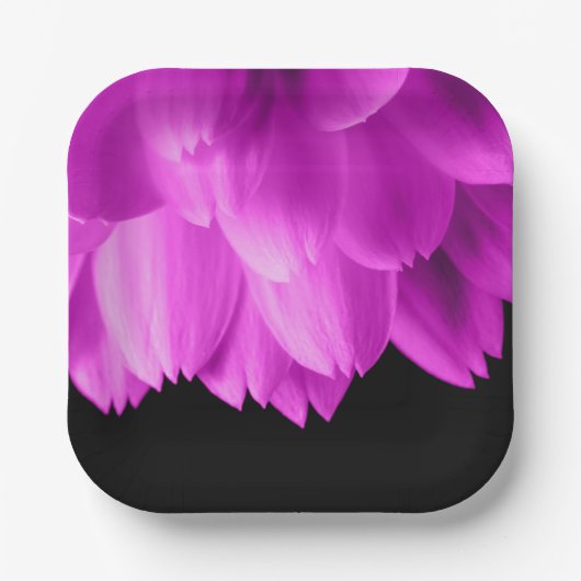 Hete roze bloemblaadjes op zwart papieren bordje (Voorkant)