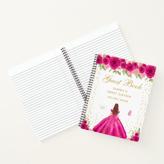 Hete Roze Bloemen Bruin Haar Prinses Sweet Sixteen Notitieboek (Binnen)