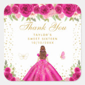 Hete Roze Bloemen Bruin Haar Prinses Sweet Sixteen Vierkante Sticker (Voorkant)