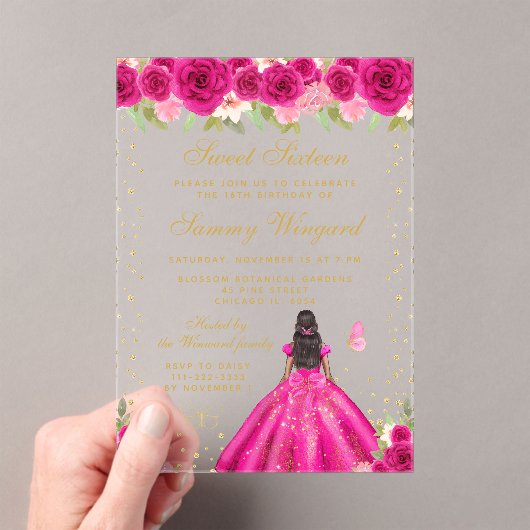 Hete Roze Bloemen Donkere Huid Prinses Sweet Sixte Acryl Uitnodigingen (Insitu (Draagbaar))