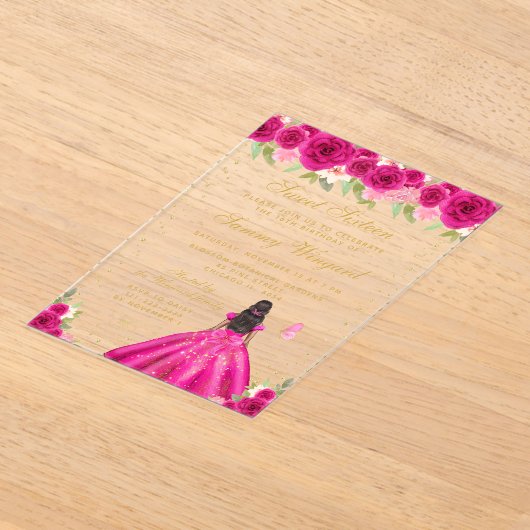 Hete Roze Bloemen Donkere Huid Prinses Sweet Sixte Acryl Uitnodigingen (Laagn)