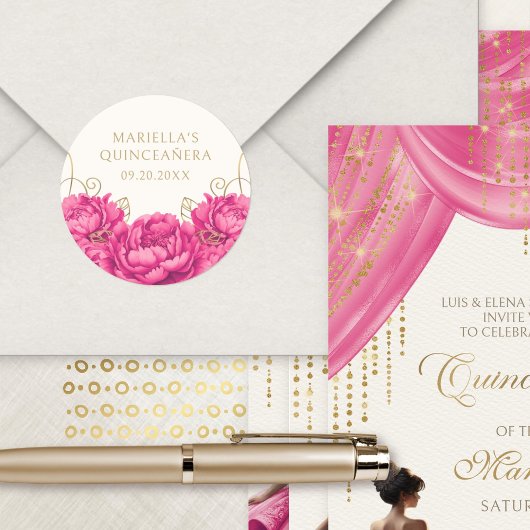 Hete Roze Bloemen Elegante Quinceanera Ronde Sticker