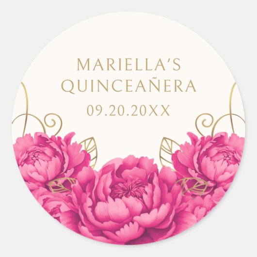 Hete Roze Bloemen Elegante Quinceanera Ronde Sticker (Voorkant)
