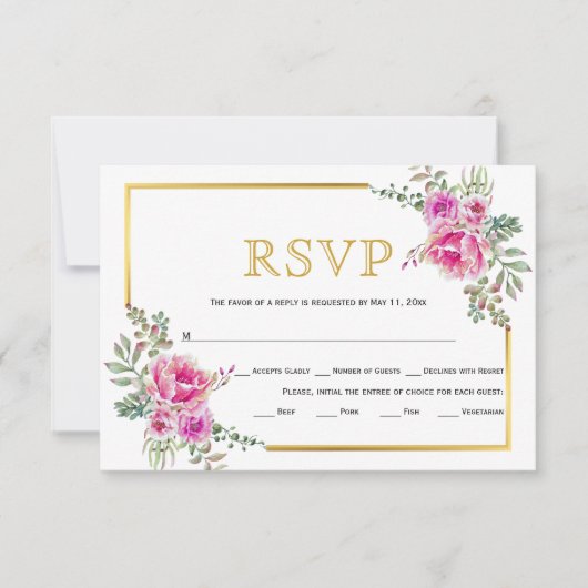 Hete roze bloemen, gouden lijst bruiloft RSVP-kaar RSVP Kaartje (Voorkant)