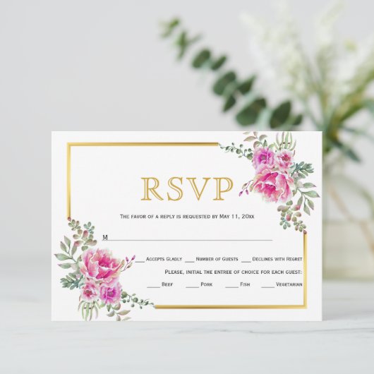 Hete roze bloemen, gouden lijst bruiloft RSVP-kaar RSVP Kaartje (Staand voorkant)