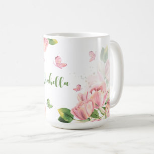 hete roze bloemen groen blad vlinders koffiemok