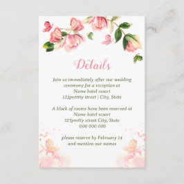 Hete roze bloemen groene bladeren vlinders bruilof informatiekaartje