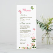 Hete roze bloemen groene bladeren vlinders bruilof menu (Staand voorkant)