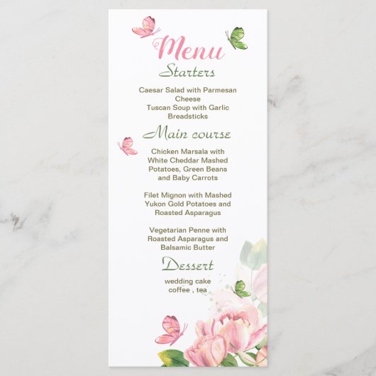 Hete roze bloemen groene bladeren vlinders bruilof menu (Voorkant)