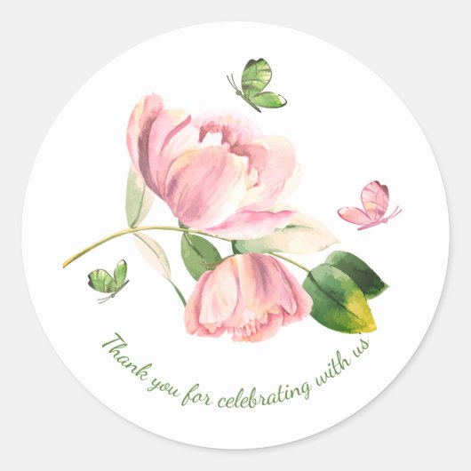 Hete roze bloemen groene bladeren vlinders bruilof ronde sticker (Voorkant)