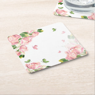 hete roze bloemen groene bladeren vlinders kartonnen onderzetters
