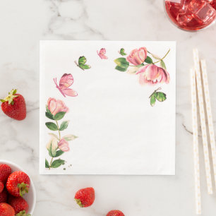 hete roze bloemen groene bladeren vlinders servet