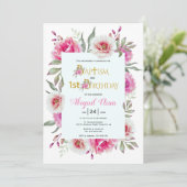 Hete roze bloemen meisje doop en 1e verjaardag kaart (Staand voorkant)