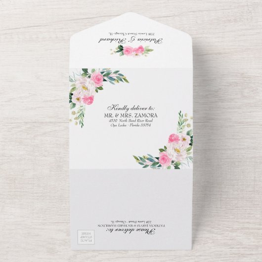 Hete Roze Bloemen Op Zwart Elegante Huwelijk All In One Uitnodiging (Buitenkant)