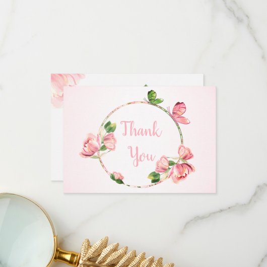 Hete roze bloemen vlinders bruiloft bedankkaart (Voorkant / Achterkant in situ)