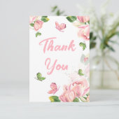 Hete roze bloemen vlinders bruiloft bedankkaart (Staand voorkant)