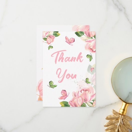 Hete roze bloemen vlinders bruiloft bedankkaart (Voorkant / Achterkant in situ)