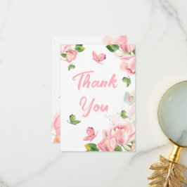 Hete roze bloemen vlinders bruiloft bedankkaart