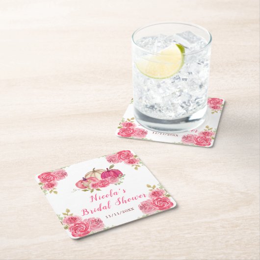 Hete Roze Bloemige Pompoenen Bruiloft Feest Kartonnen Onderzetters (Insitu)