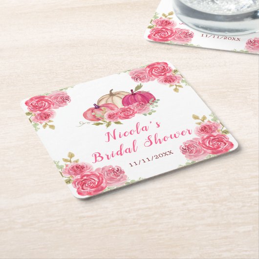 Hete Roze Bloemige Pompoenen Bruiloft Feest Kartonnen Onderzetters (Schuin)