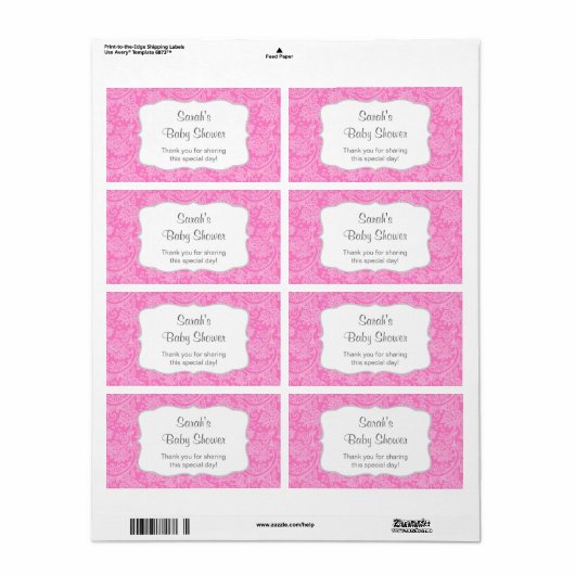 hete roze Damask Water Fles gunst u aanpassen Etiket (Full Sheet)