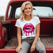 Hete roze druipende lippen met tong t-shirt