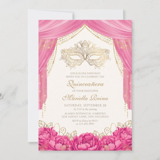 Hete Roze Elegant Masker Masquerade Quinceanera Kaart (Voorkant)