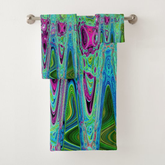 Hete Roze en Blauwe Groovy Abstracte Retro Waves Bad Handdoek (Insitu)