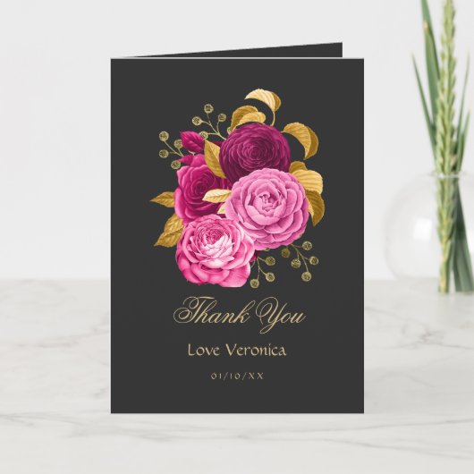 Hete roze en gouden bloem bedankkaart (Voorkant)