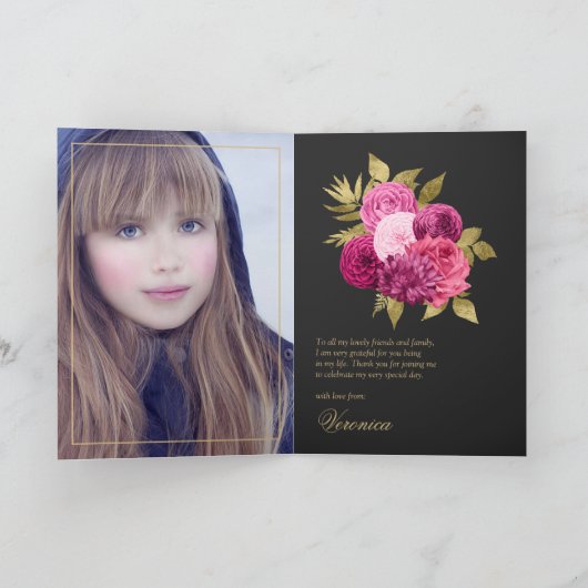 Hete roze en gouden bloem bedankkaart (Binnen)