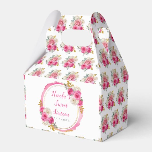 Hete roze en gouden elegante bloemen Sweet Sixteen Bedankdoosjes (Voorkant Zijde)