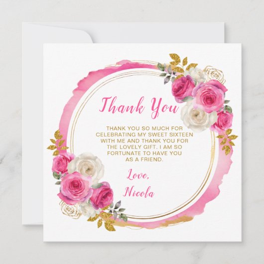 Hete roze en gouden elegante bloemen Sweet Sixteen Bedankkaart (Voorkant)