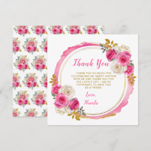Hete roze en gouden elegante bloemen Sweet Sixteen Bedankkaart
