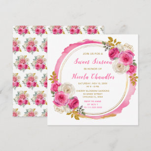Hete roze en gouden elegante bloemen Sweet Sixteen Kaart