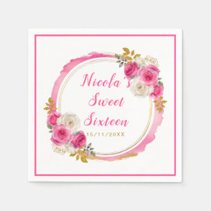 Hete roze en gouden elegante bloemen Sweet Sixteen Servet