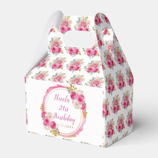 Hete roze en gouden elegante bloemen verjaardag bedankdoosjes (Achterkant)