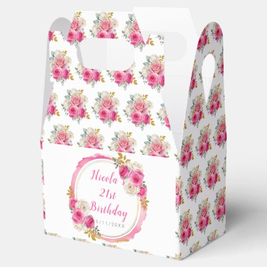 Hete roze en gouden elegante bloemen verjaardag bedankdoosjes (Geopend)