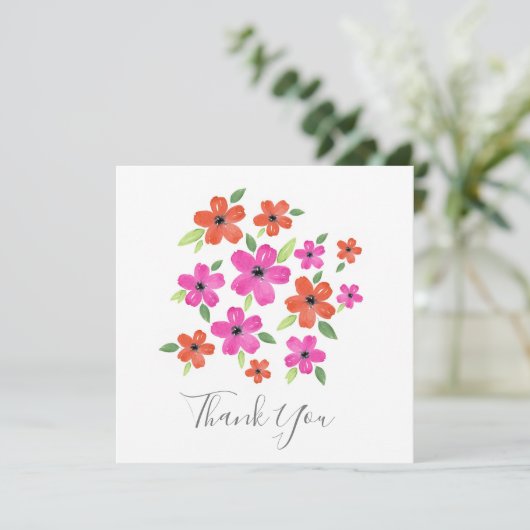 Hete roze en Oranje Waterverf Floral Motif Bedankkaart (Staand voorkant)