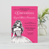 Hete roze en witte Quinceañera Kaart (Staand voorkant)