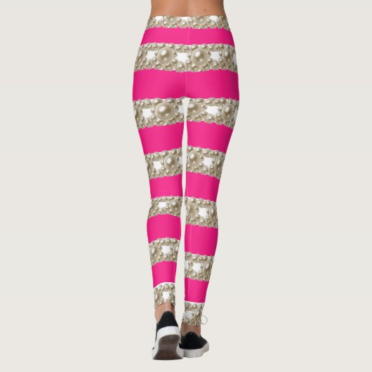 hete roze en witte strepen met stijlvolle parels leggings (Achterkant)