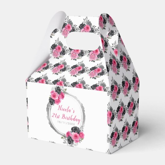 Hete roze en zilveren elegante bloemen verjaardag bedankdoosjes (Achterkant)